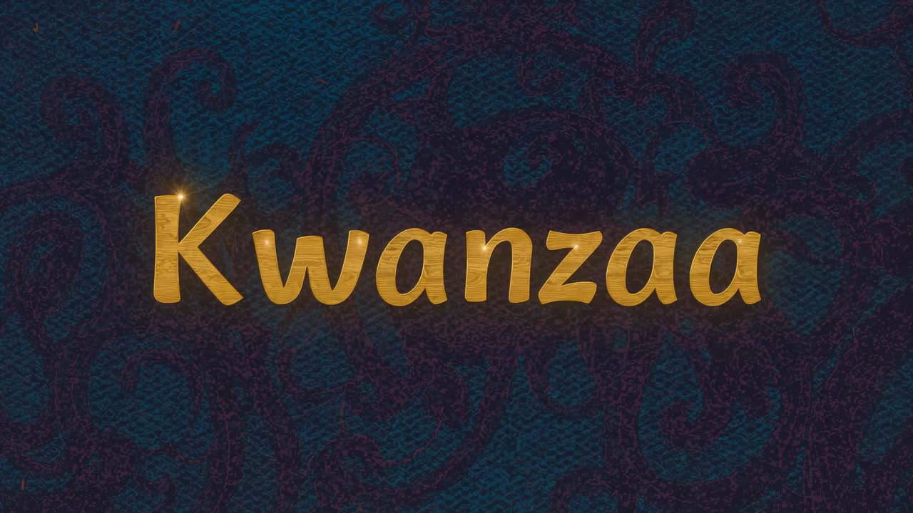 Playing Kwanzaa title pulsing on dark blue-green fabric backdrop, with golden sparkles for holiday