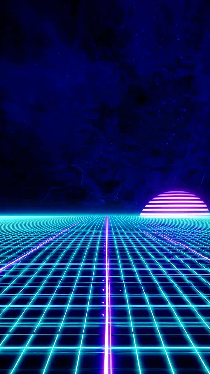 Paesaggio futuristico con griglia al neon, ripresa dal basso, che evoca l'estetica dei videogiochi rétro