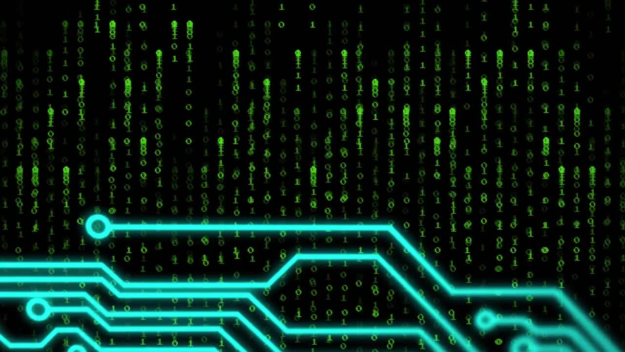 Animation of binary coding and data processing and computer circuit board