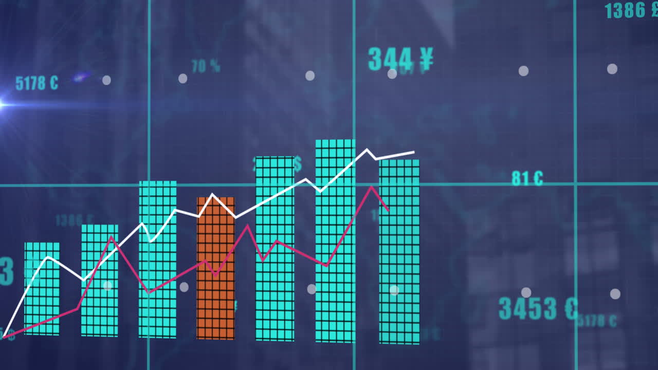 animación del procesamiento de datos estadísticos a través de la red de red contra edificios altos.