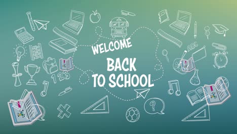 초록색 배경에 있는 학교 아이콘 위에 학교로 돌아오는 것을 환영하는 애니메이션