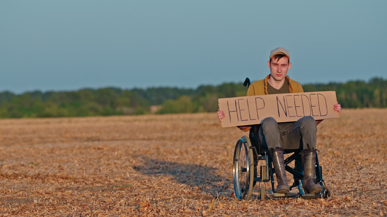 hombre en silla de ruedas buscando ayuda en un campo