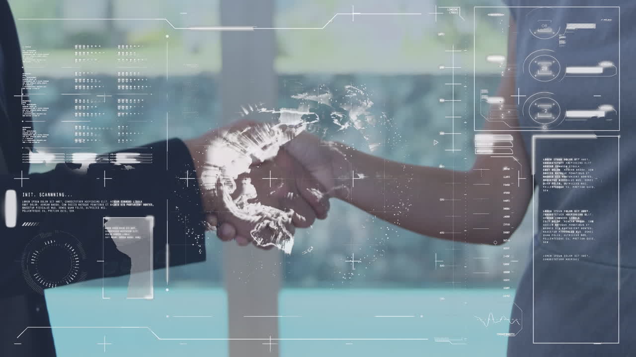 Animation of financial data processing over caucasian business people shaking hands