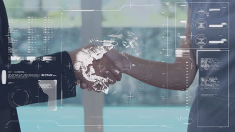 animatie van financiële gegevensverwerking over blanke zakenmensen die elkaar de hand schudden
