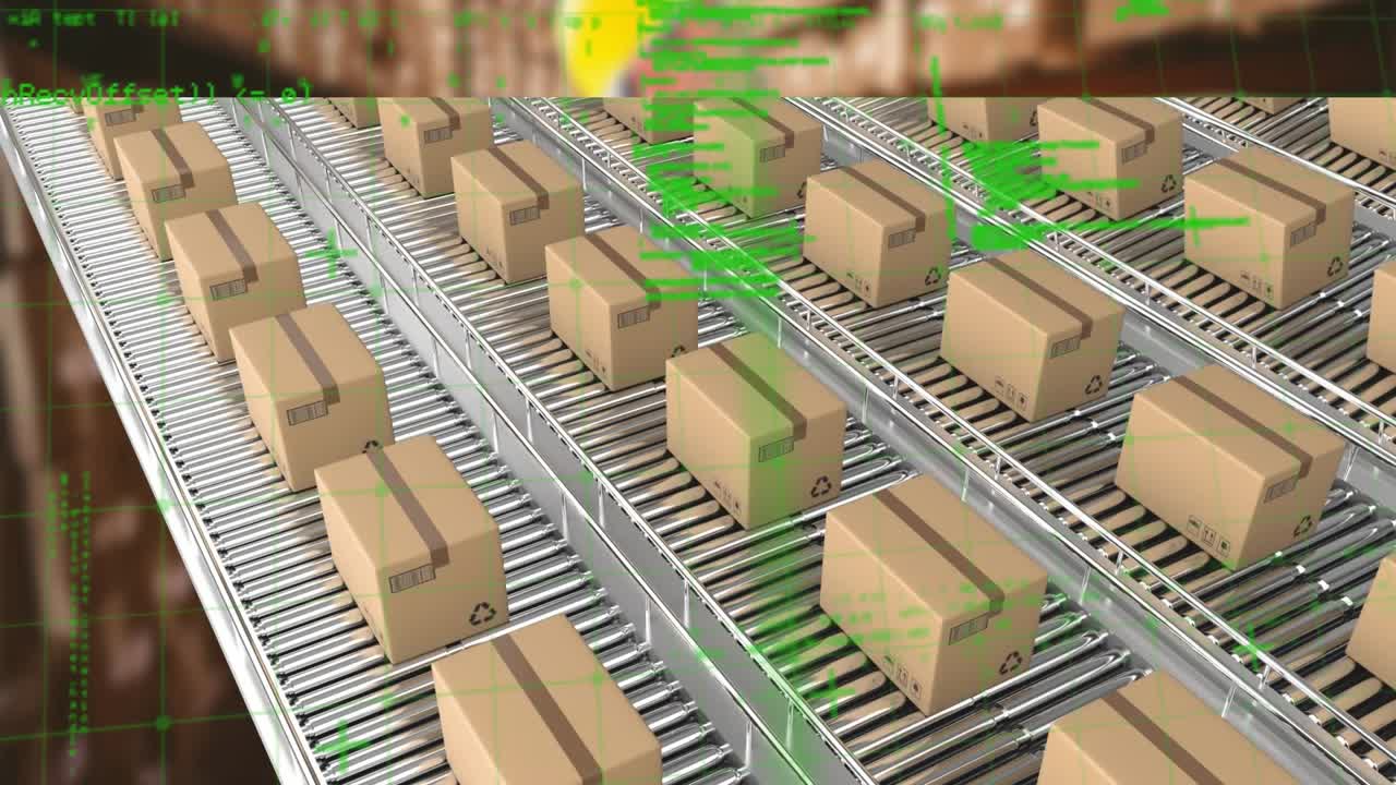Animation of data processing and boxes on conveyor belt over warehouse