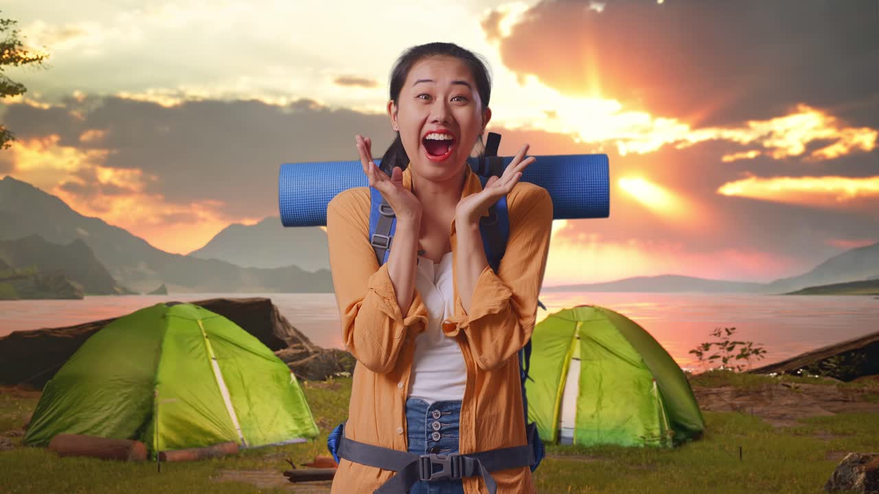Excited Woman Camping at Sunset