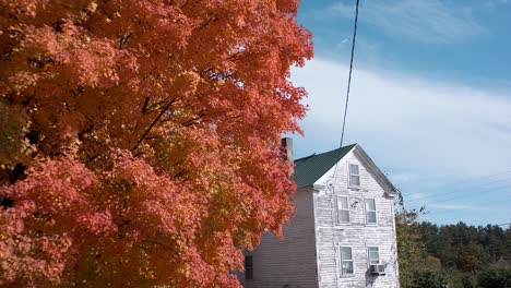 Un-Colorido-árbol-Naranja-De-Otoño-Se-Encuentra-Al-Lado-De-Una-Casa-Antigua-Bajo-Un-Cielo-Azul-En-Esta-Escena-De-Nueva-Inglaterra