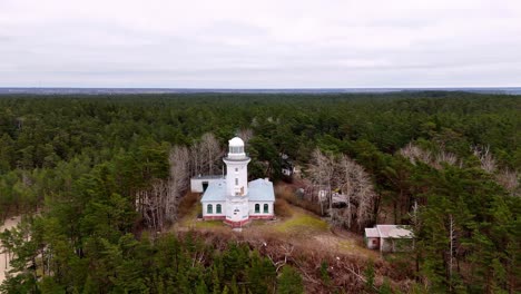 Faro-Erguido-En-Medio-De-Un-Denso-Bosque,-El-Borde-Del-Océano-No-Es-Visible,-Toma-Panorámica-De-La-órbita-Aérea