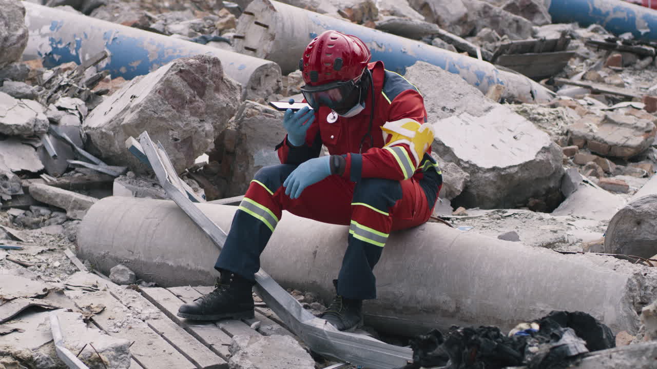 Rescue worker communicating during disaster