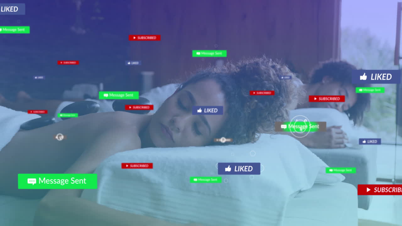 Social media notifications animation over people relaxing on massage tables