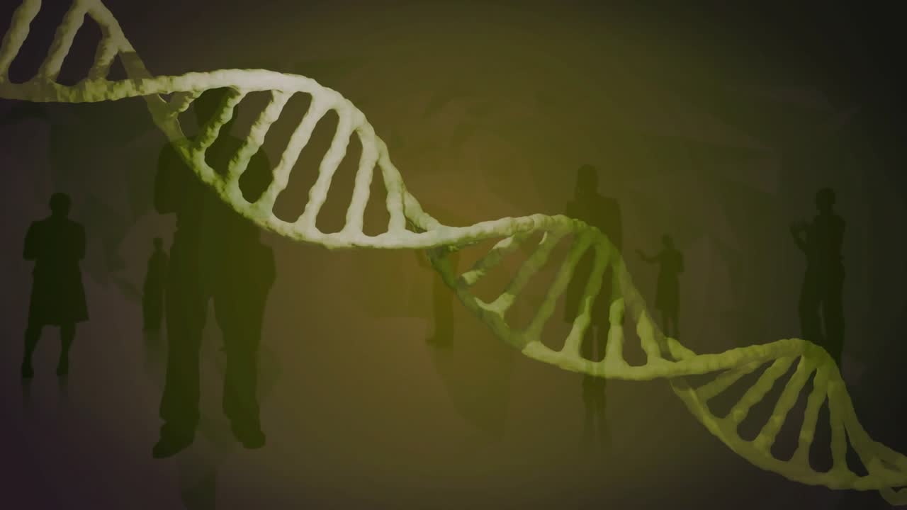 Loop che mostra un'elica di DNA in movimento attraverso l'inquadratura, tonalità che cambiano ciclicamente, figure che si oscurano, mostrando la popolazione