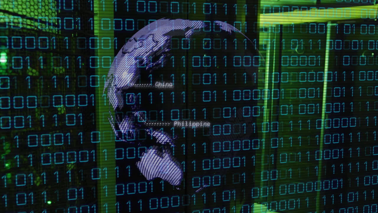Animation of globe, binary coding and data processing over computer servers