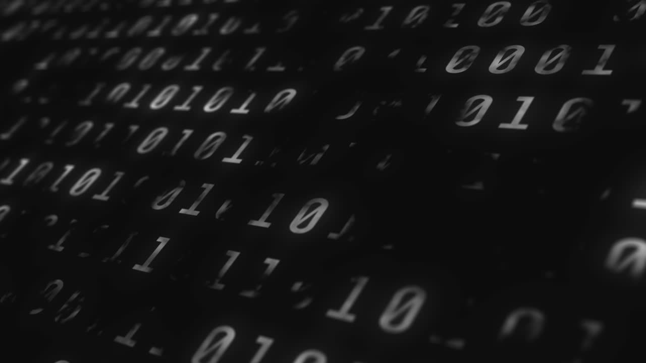 líneas negras que se mueven sobre el procesamiento de datos de codificación binaria contra un fondo negro
