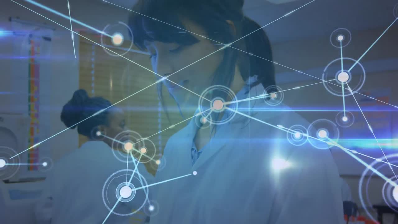 animación de la red de conexiones entre diversas trabajadoras de laboratorio