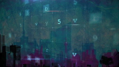 letters and numbers animation over city skyline at night