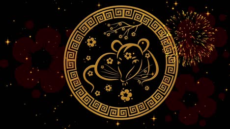 lunar new year, spring festival black background with rat, fireworks, glittering stars and sakura flowers chinese new year animation - wealth, happiness, longevity 3d rendering seamless loop 4k video
