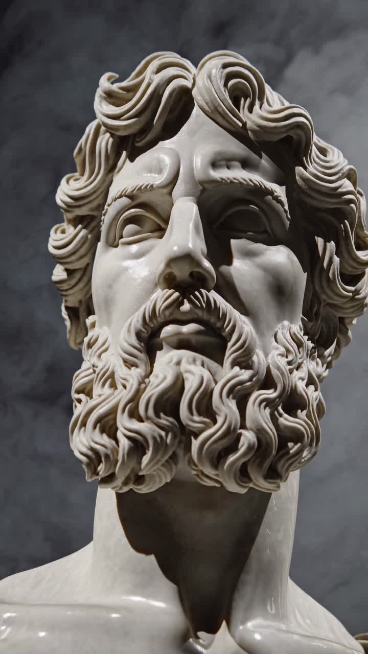 Close-up of a marble statue's face, capturing intricate details of the beard and hair