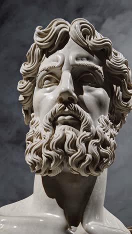 close-up of a marble statue's face, capturing intricate details of the beard and hair