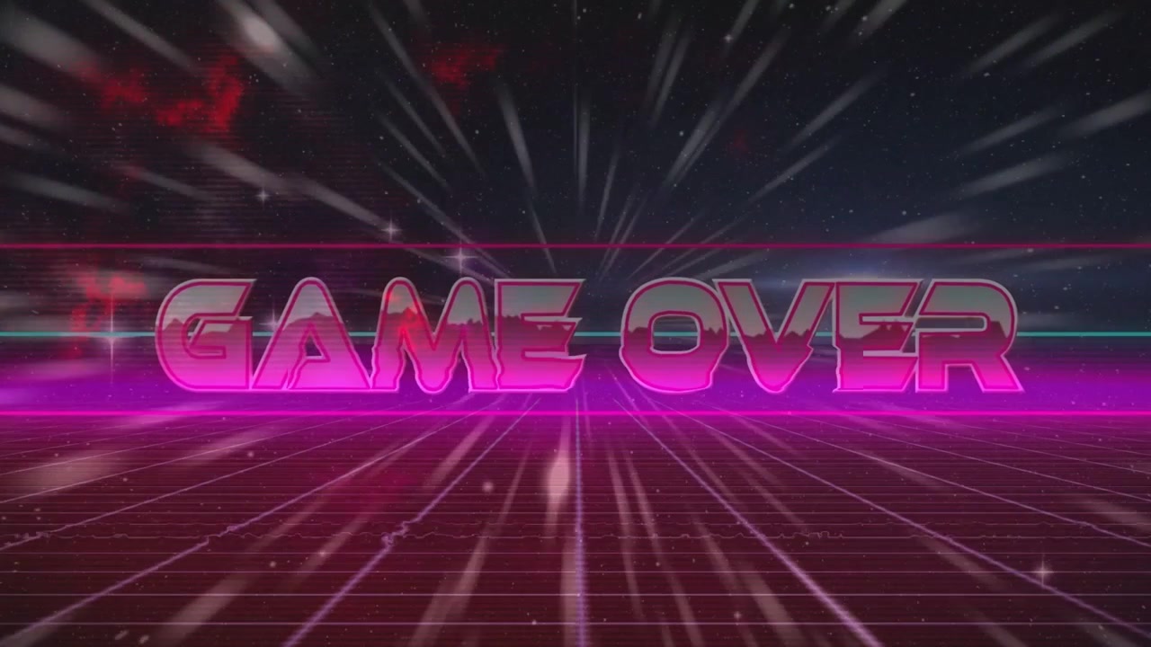 Texto 3D neon GAME OVER emergindo de um ponto de fuga, girando, estalando, sinalizando o final do jogo