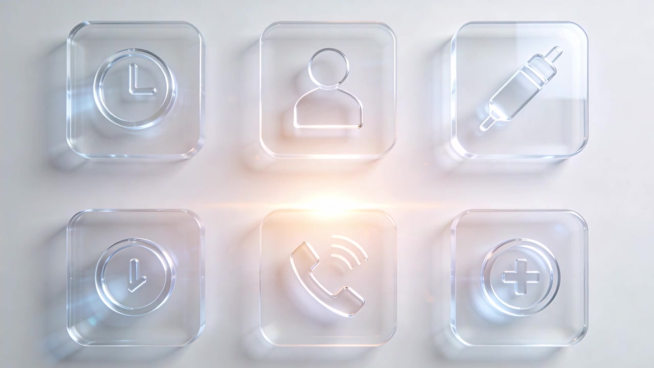 Appearing warm center glow, pulsing 3x3 glass tile grid on white surface, showing embossed icons
