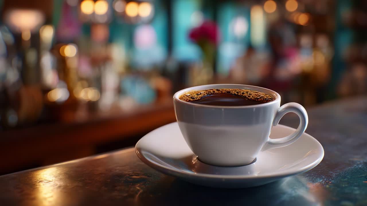 Primo piano di una tazza di caffè appena fatto con aroma fumante e consistenza ricca, ambientato in un'accogliente atmosfera da bar che invita a momenti di relax