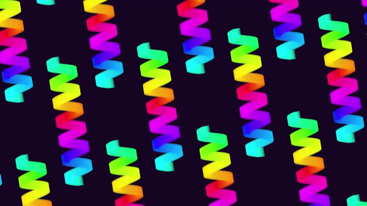 Vivaci linee a zigzag color arcobaleno danzano su uno sfondo scuro, formando un modello vivace ed energico che trasuda dinamismo e creatività.