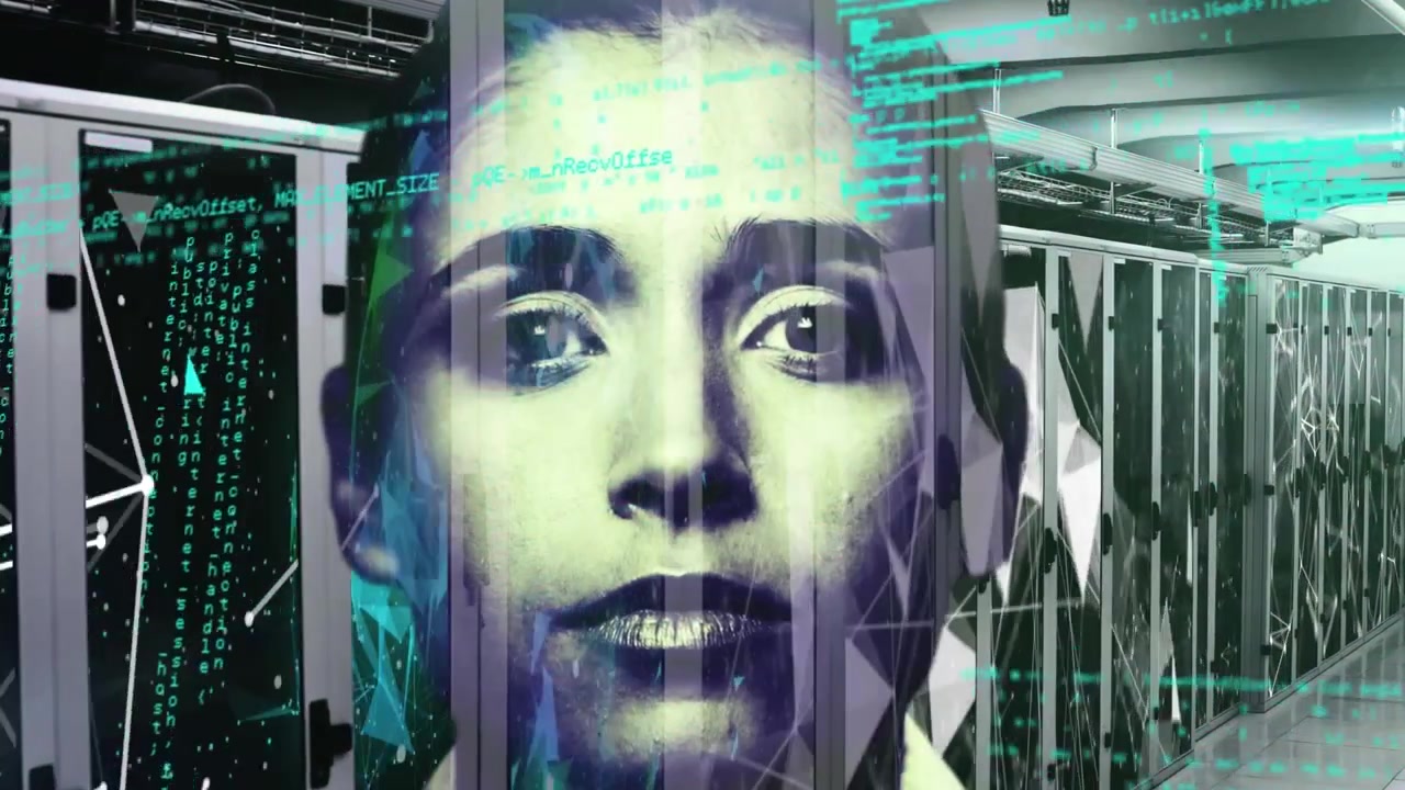 Animation of data processing over caucasian woman and server room