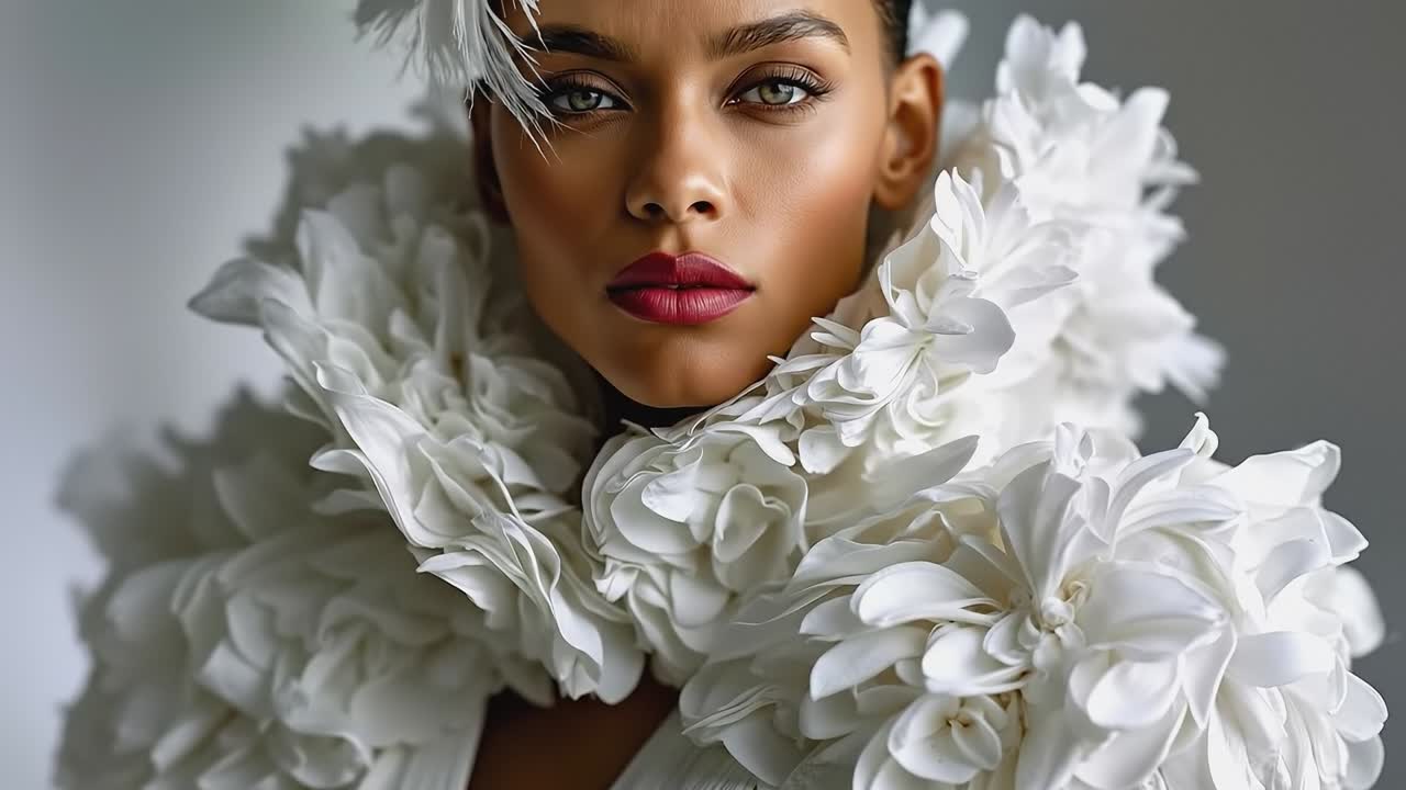 A woman in a white dress with white flowers on her head