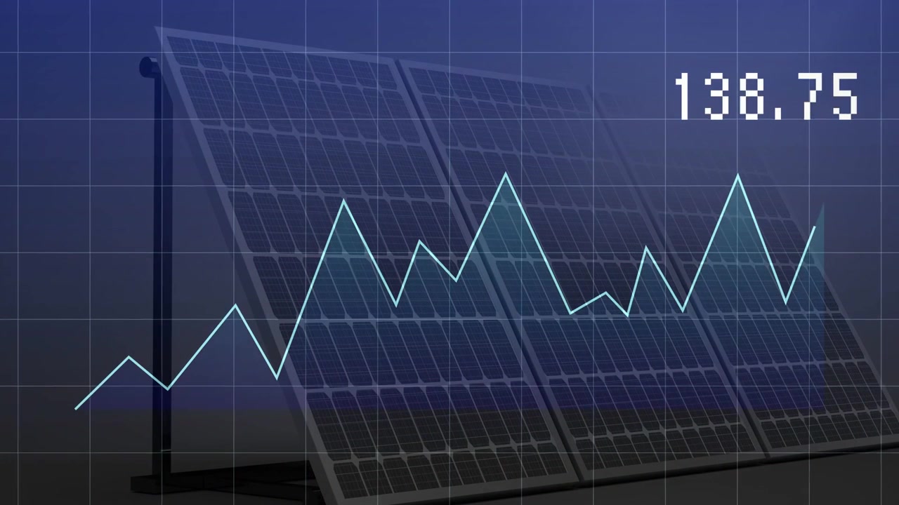Datastrøm starter, tegner en lyseblå linje hen over solpanelerne, aflæsning opdateres og viser output.