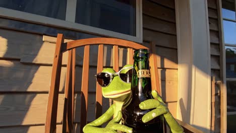 frog with sunglasses and beer on a porch rocking chair