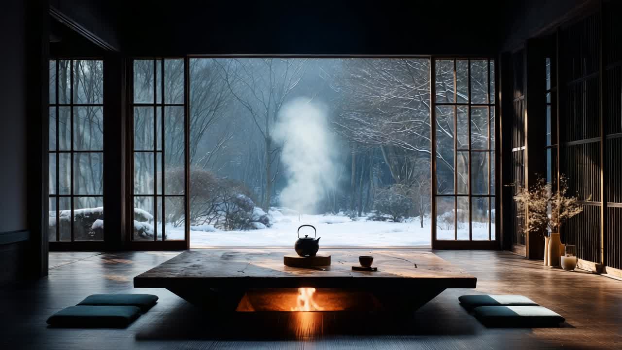A Tranquil Winter Retreat: Embracing the Serene Atmosphere of a Warm Indoor Space with a Centerpiece Fireplace and a View of Snow-Covered Landscapes Beyond the Glass Walls