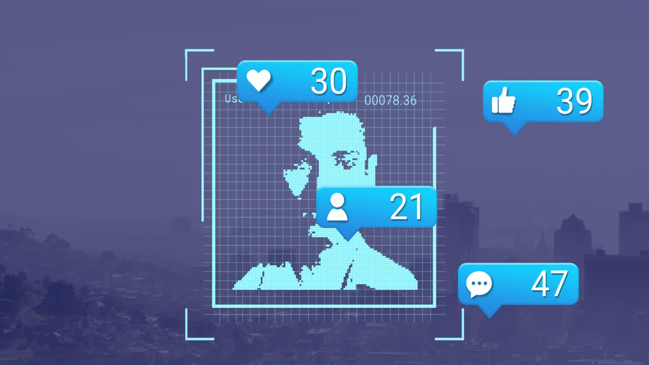анимация реакций в социальных сетях и фотографий над городским пейзажем