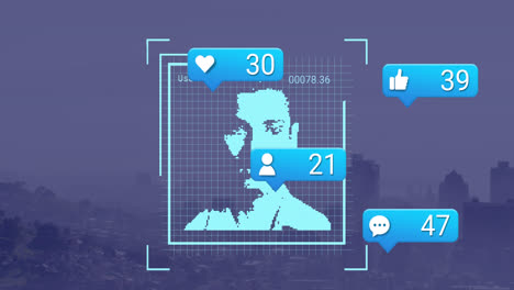 animation of social media reactions and photos over cityscape