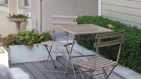 outdoor patio table and chairs with greenery