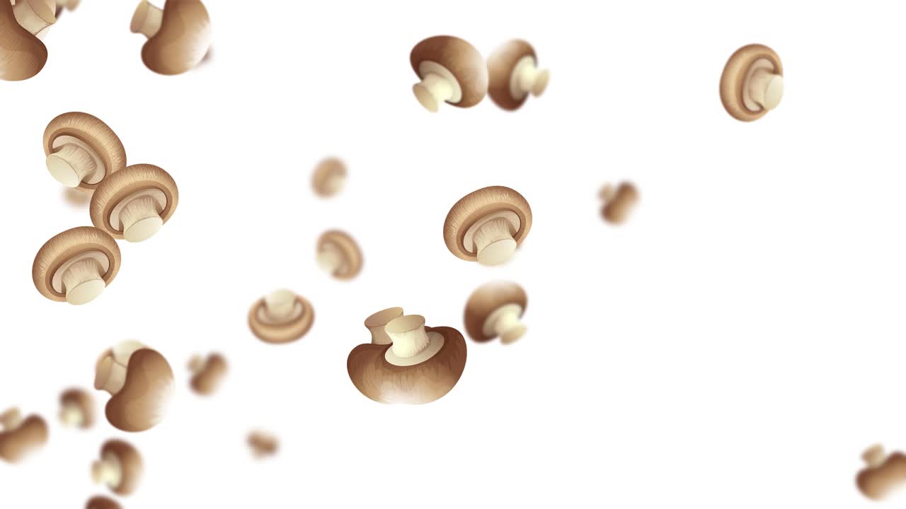 Realistic brown mushrooms gently rain downward in seamless slow-motion loop on bright white background