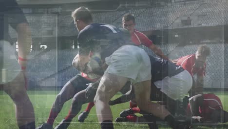 animación del procesamiento de datos durante un partido de rugby en un estadio deportivo