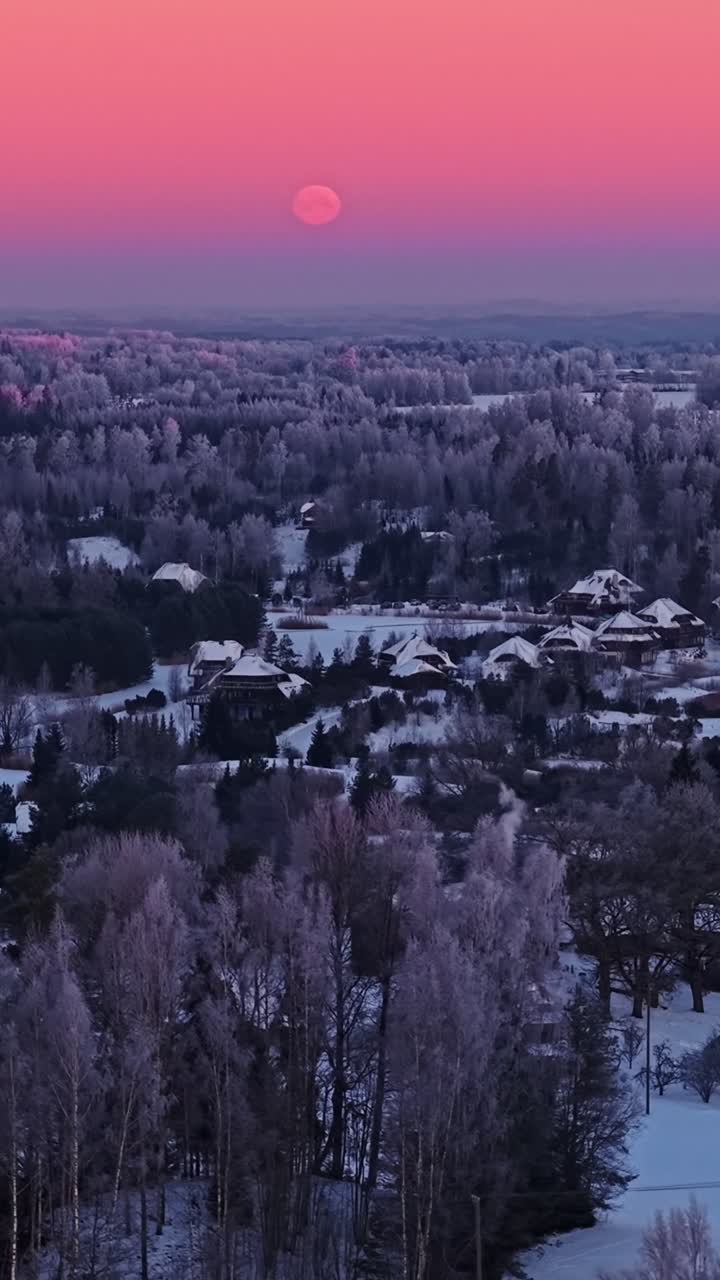 Vinterluftfoto af et skovområde med en landsby under en lyserød-lilla himmel ved solnedgang, i et vertikalt format