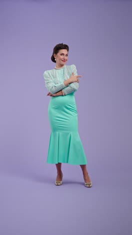 elegant woman in vintage-inspired outfit posing on purple background