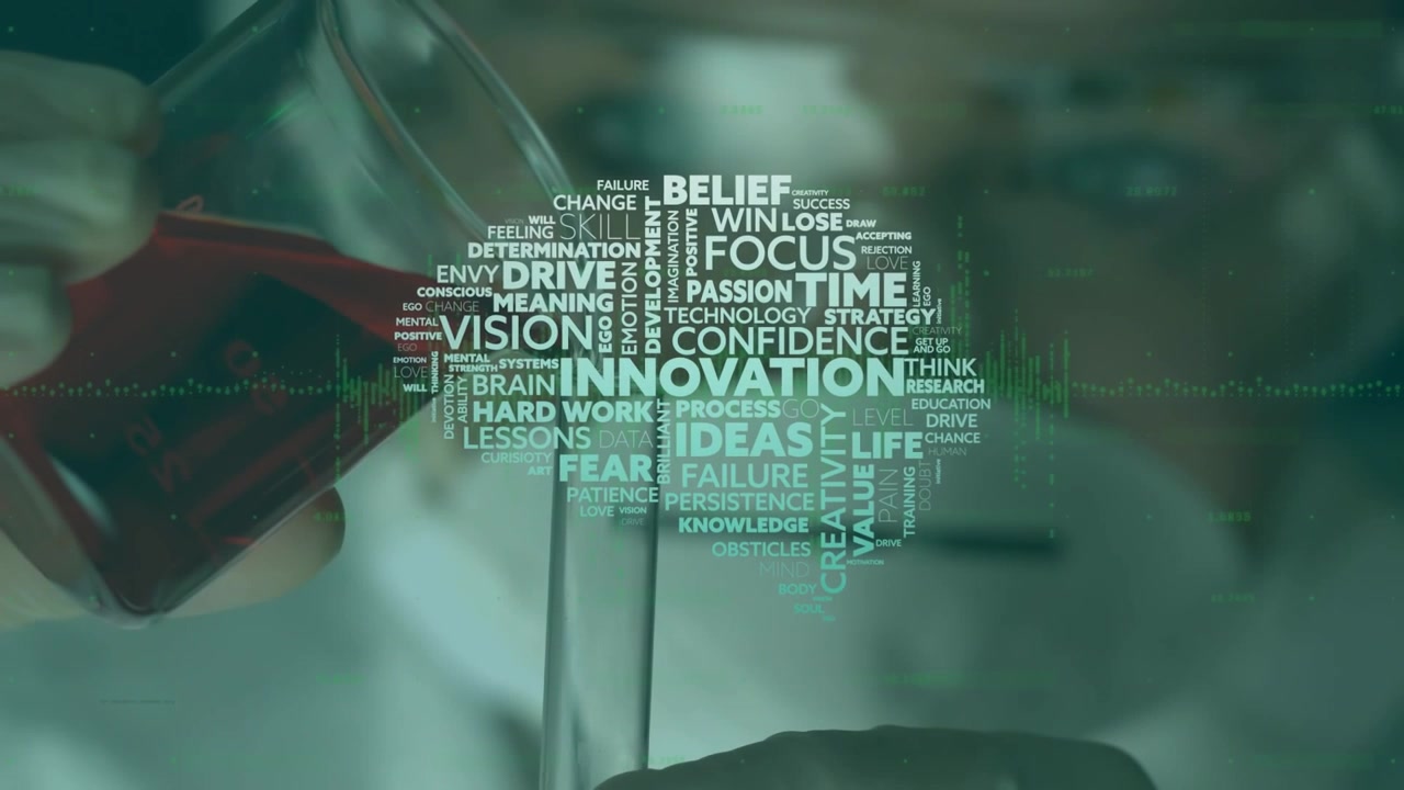 Animation of brain with texts over scientist in lab