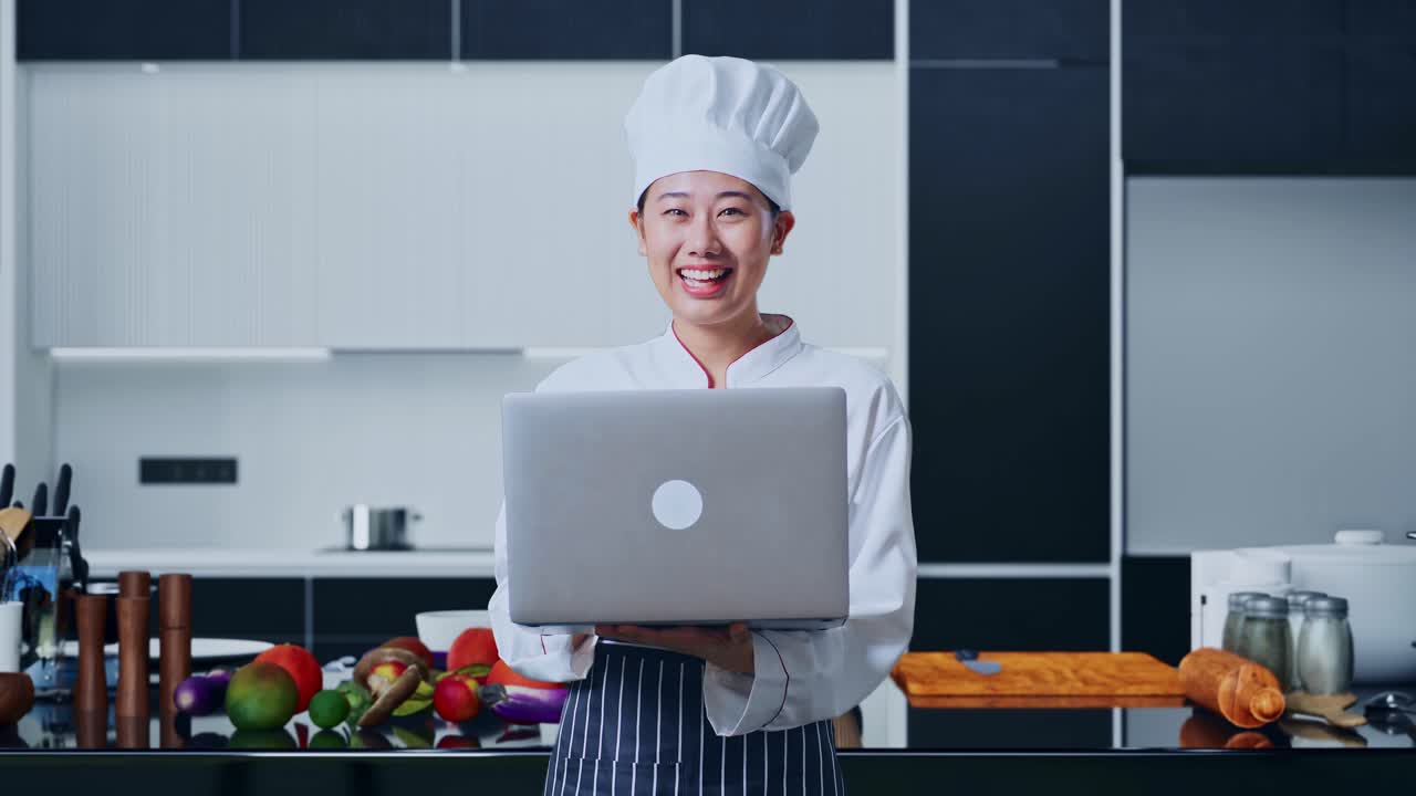 아시아 여인 요리사 가 노트북 을 사용 하고 집 주방 의  을 가리키고 있다