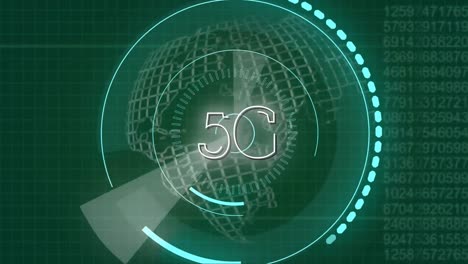 Animation-Von-Text-5g-Mit-Rotierendem-Blauen-Zielfernrohr-Scannen-über-Dem-Digitalen-Globus