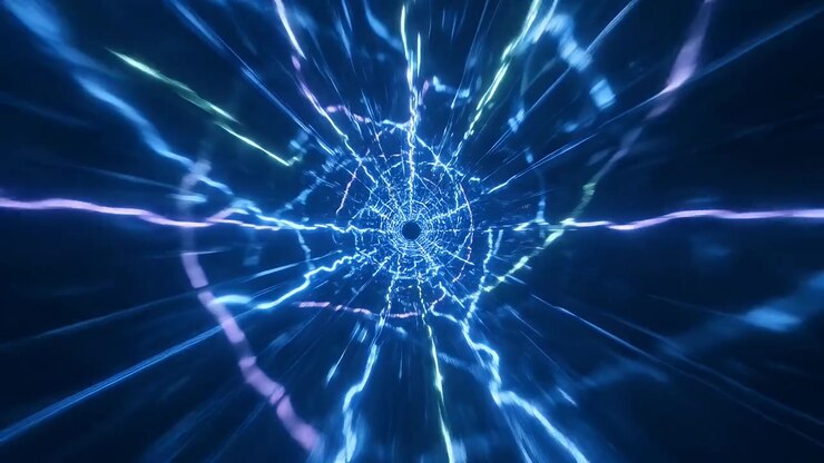 Tunnel astratto di fulmini elettrici blu incandescenti