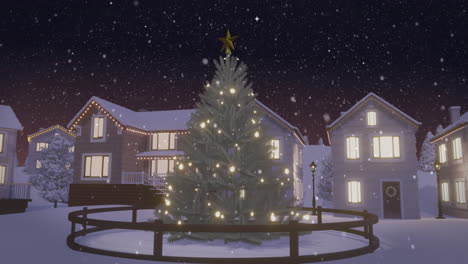 animación de nieve cayendo sobre el árbol de navidad con casas y paisaje de invierno