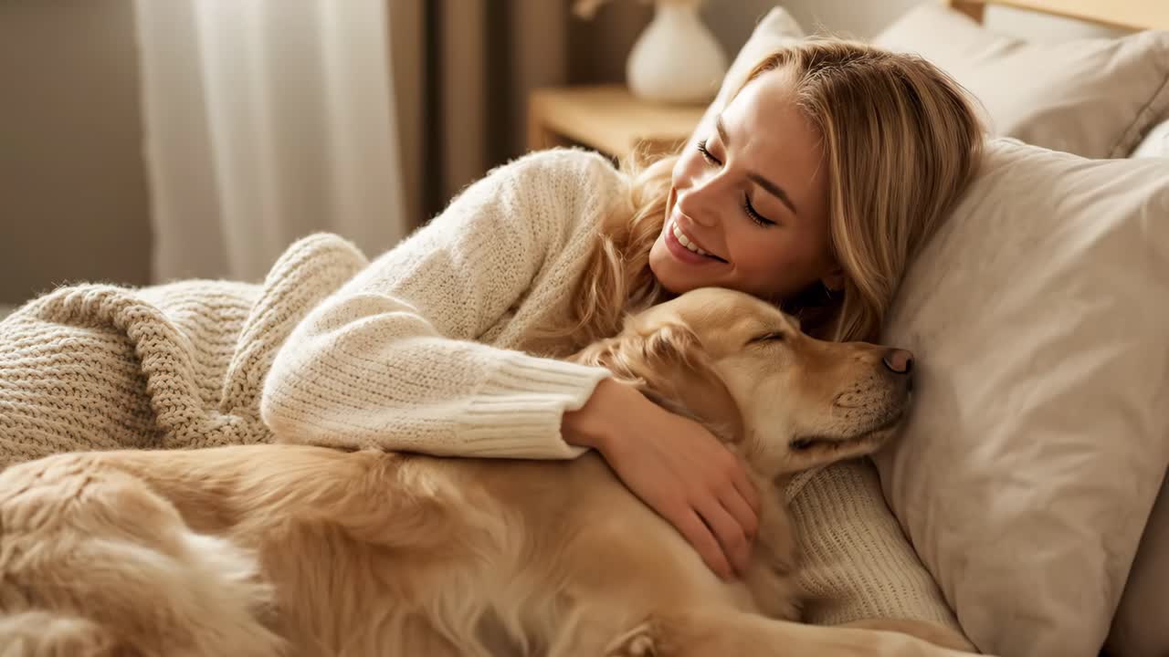 Woman Cuddling with Her Golden Retriever in Bed