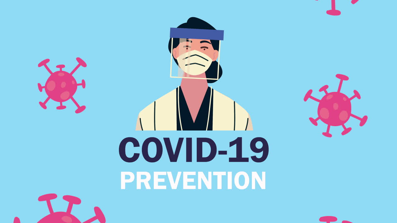 여성 의사와 코로나19 입자 애니메이션