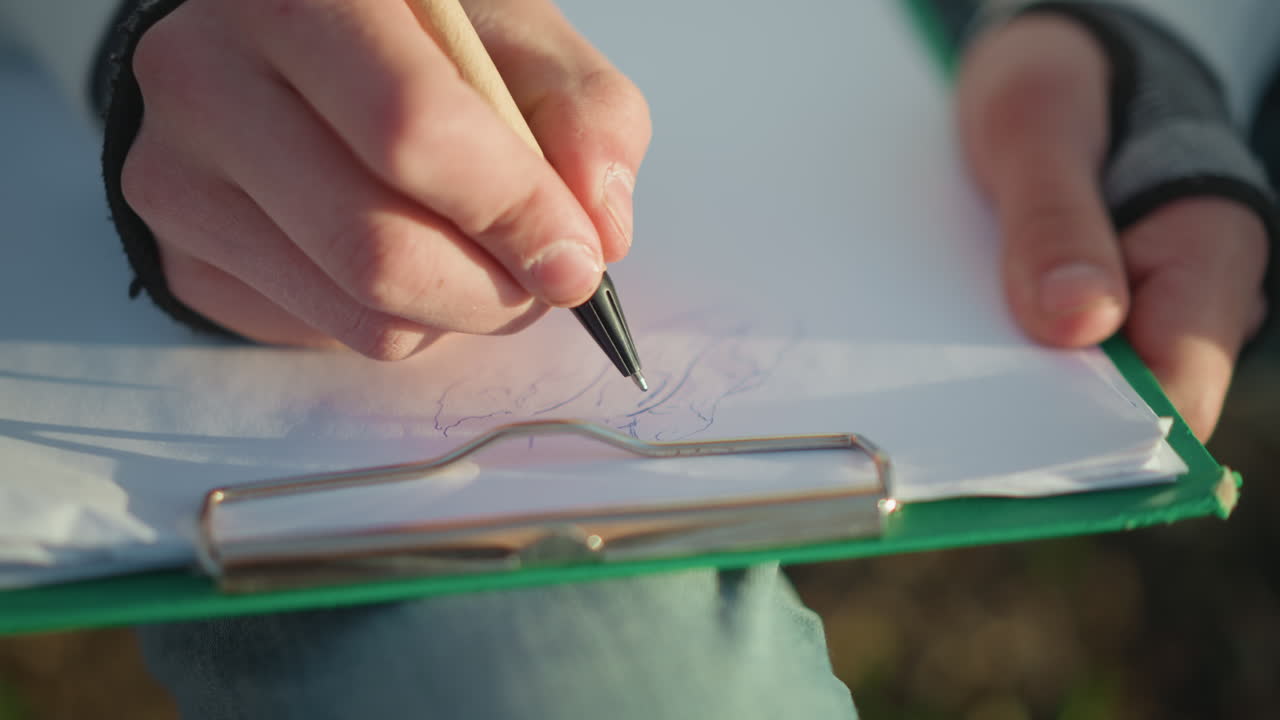 손으로 그린 자연 형태의 야외 모습. 아름다운 풍경이 담긴 종이 위에 세밀한 자연의 형태를 묘사하는 데 집중하는 아티스트. 질감이 있는 종이 위에 야외 자연 요소를 담아 연필 드로잉을 자세히 검사합니다.