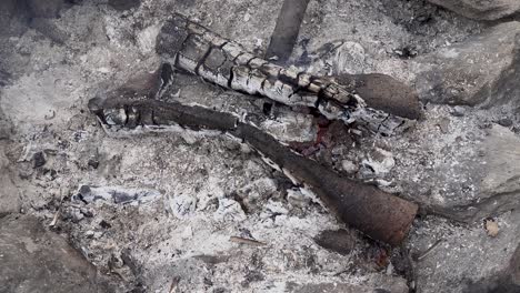 primer plano de un fuego de campamento casi muerto y humeante