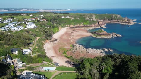 Portelet-Beach-Jersey-Kanalinseln-Hochwinkeldrohne,-Luftaufnahme