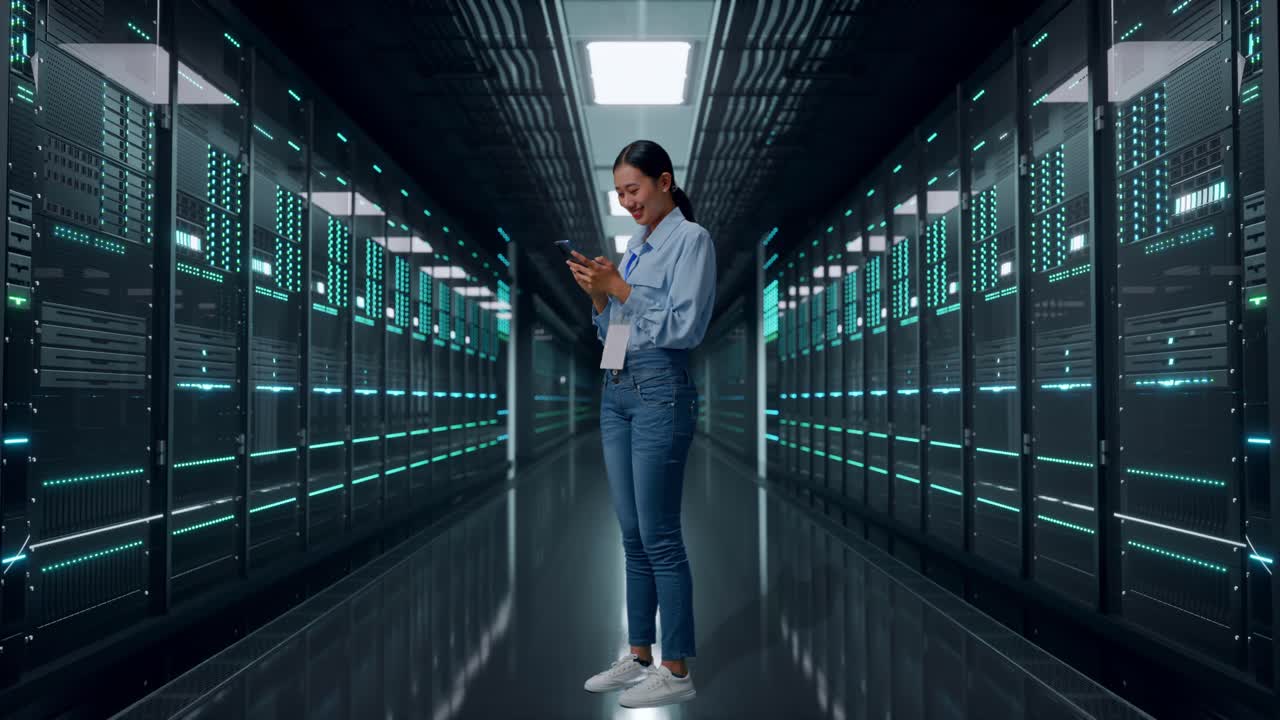Vista laterale a figura intera di donna asiatica con il suo telefono in una sala server di un centro dati, mentre lavora continuamente con il suo telefono.