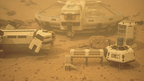 exploration of a martian landscape with futuristic habitats and equipment